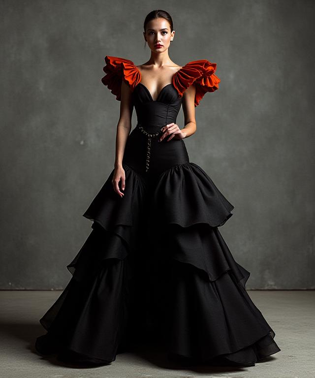 Avant-garde evening gown with architectural structure